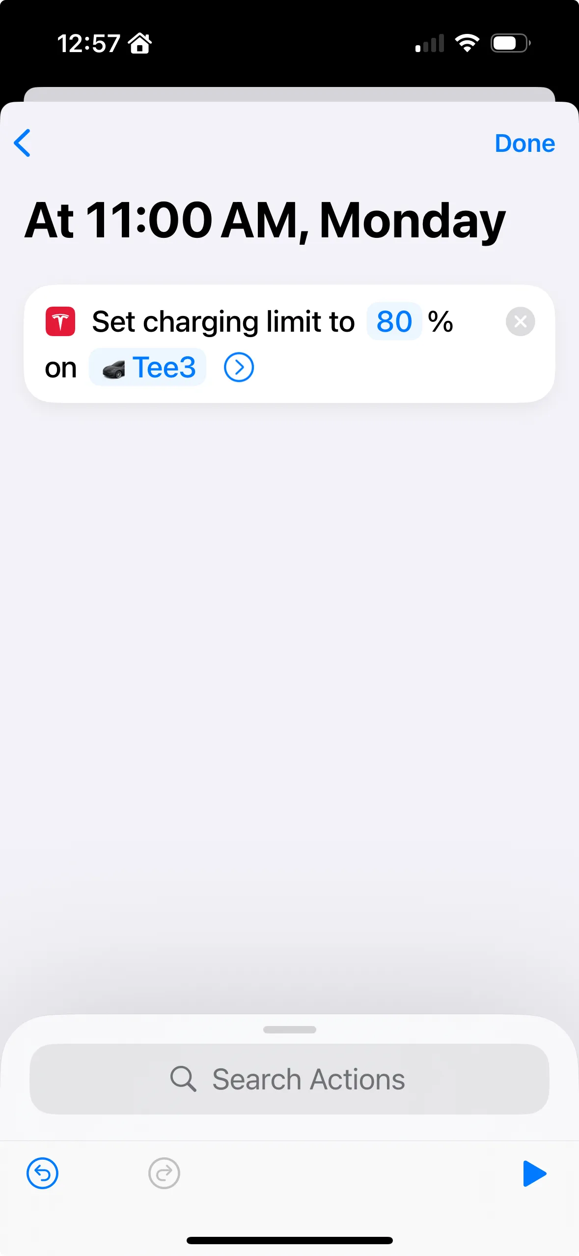 Tesla charging automation setting 80% charging on Mondays at 11:00 am