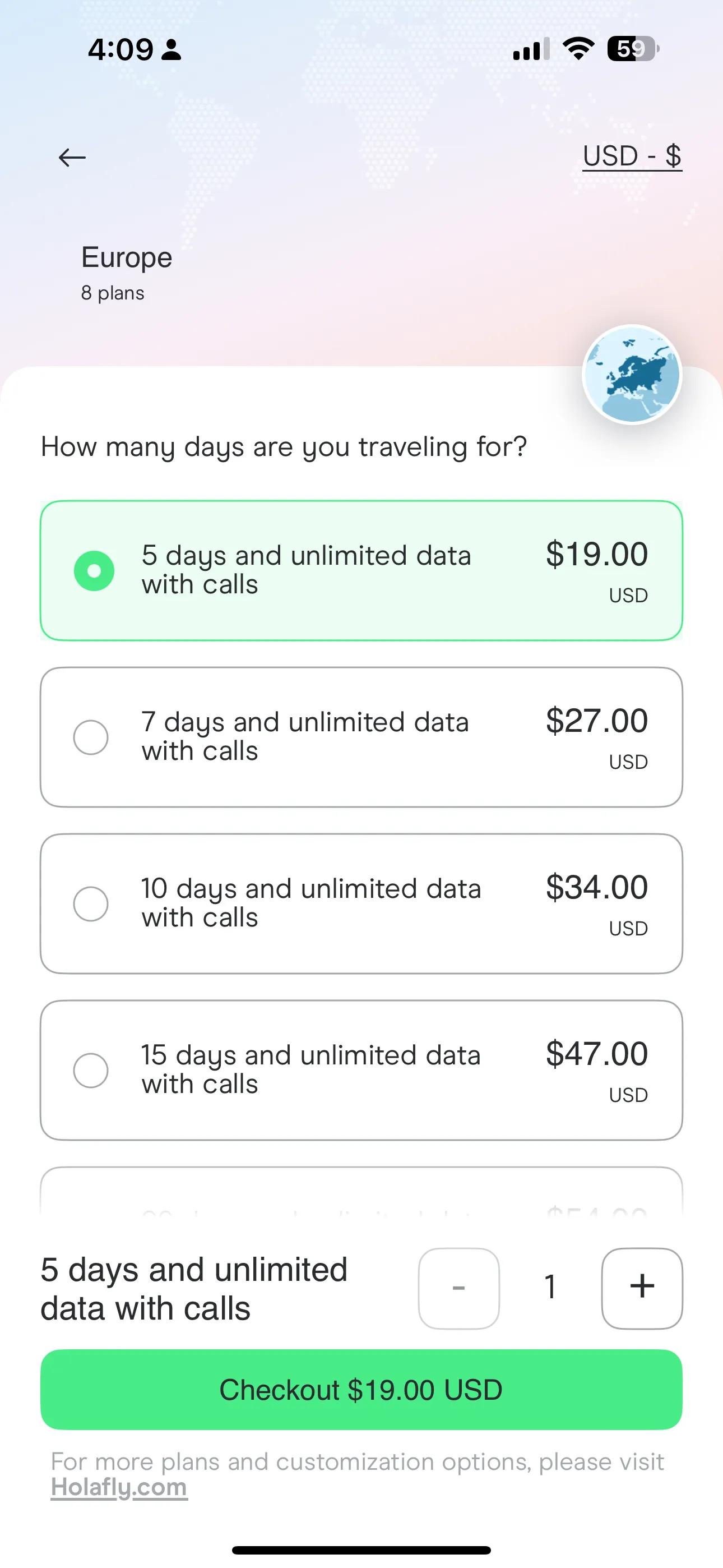 Screenshots of eSIM card provider for cheapest International phone service plan to use in Europe